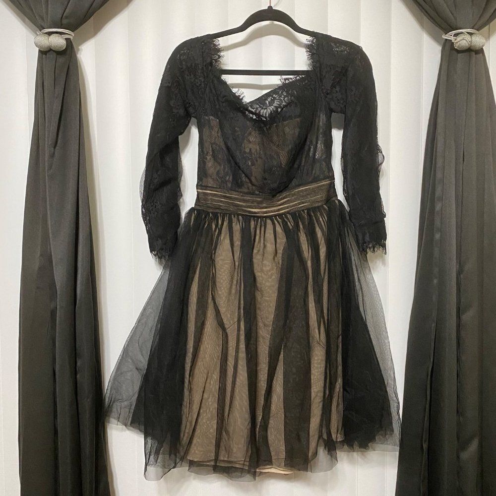 JJ’s House black Lacey knee length dress, lightly padded, nude undertone